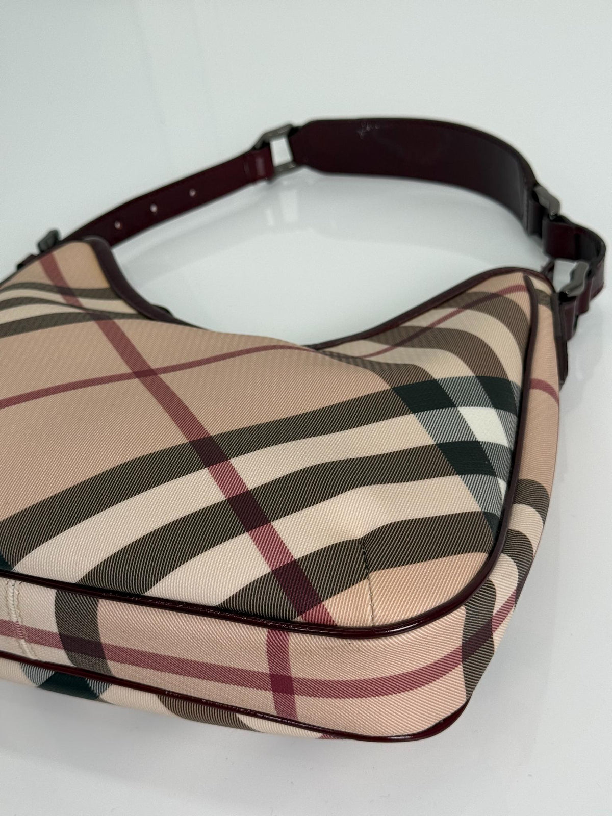 Burberry Burgundy Patent Leather Supernova Coated Canvas Barton Hobo Bag