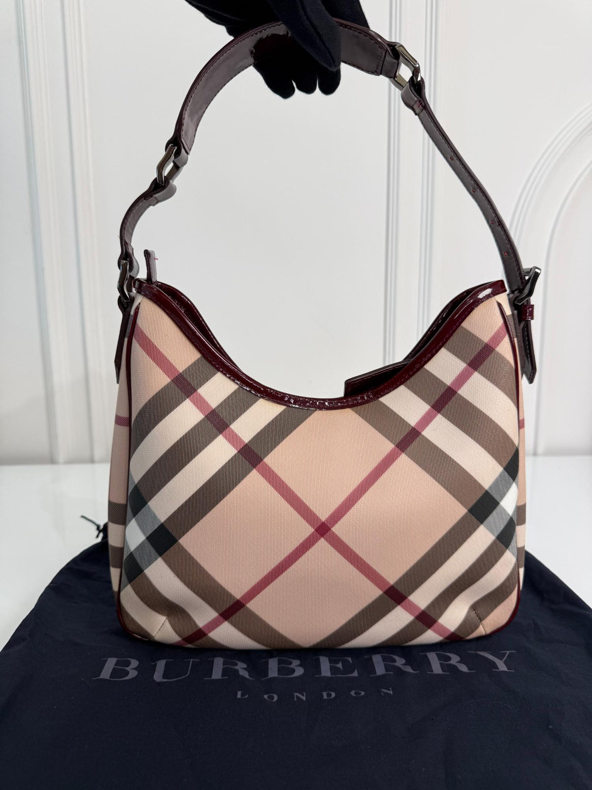 Burberry Burgundy Patent Leather Supernova Coated Canvas Barton Hobo Bag