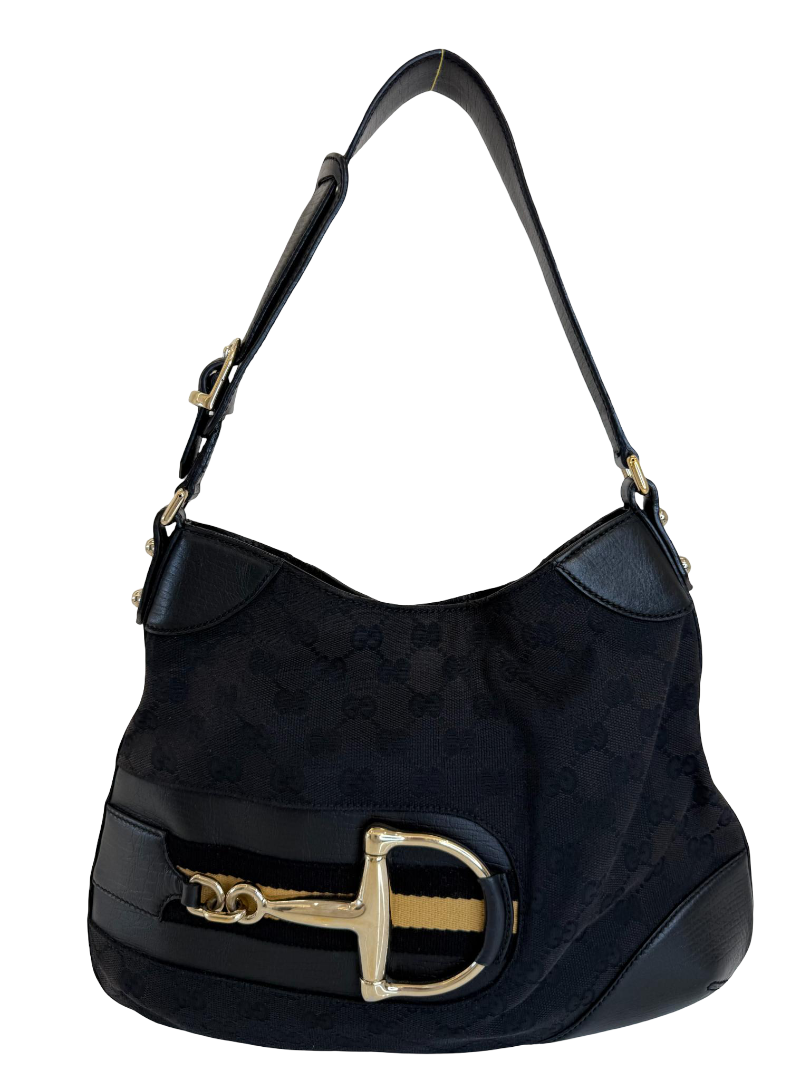 Gucci Horsebit Black GG Canvas Hasler Hobo Bag
