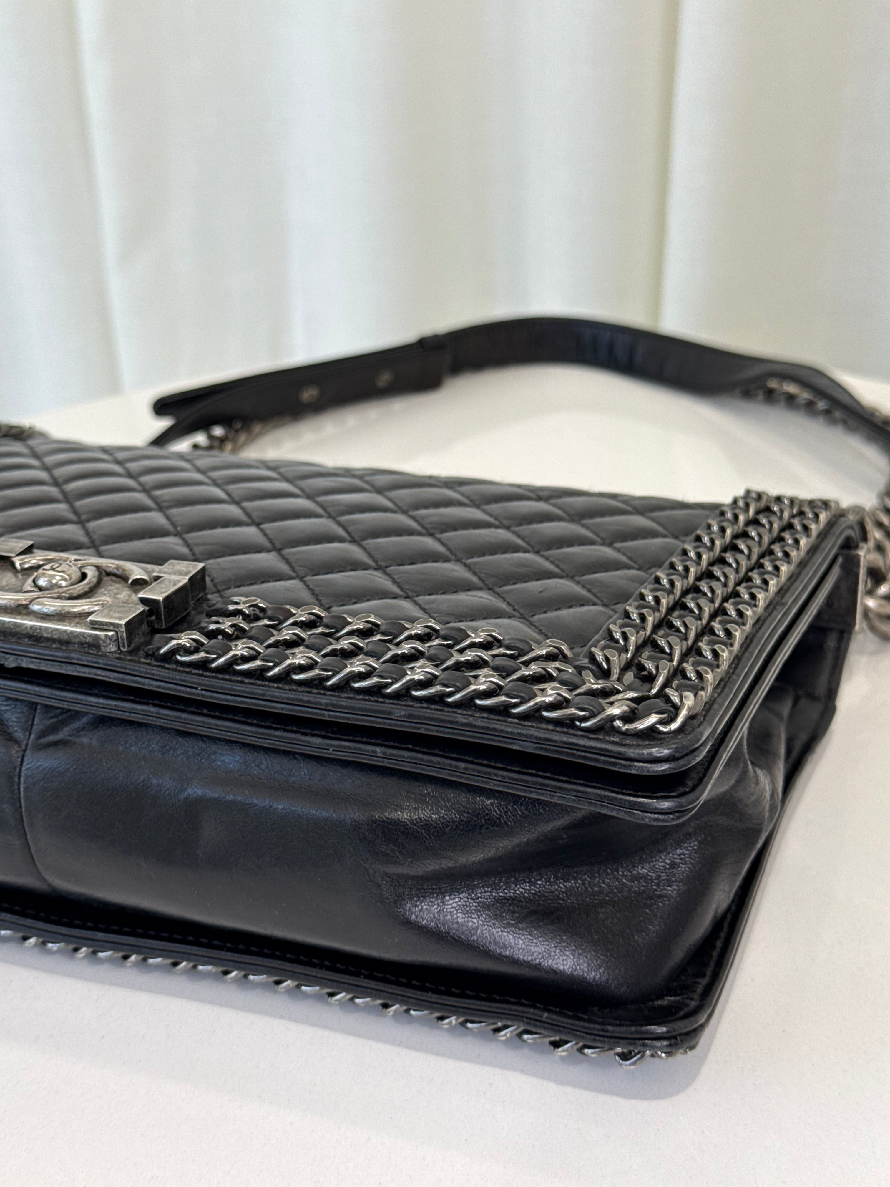 Chanel Boy New Medium Chained Quilted Glazed Calfskin Flap Bag