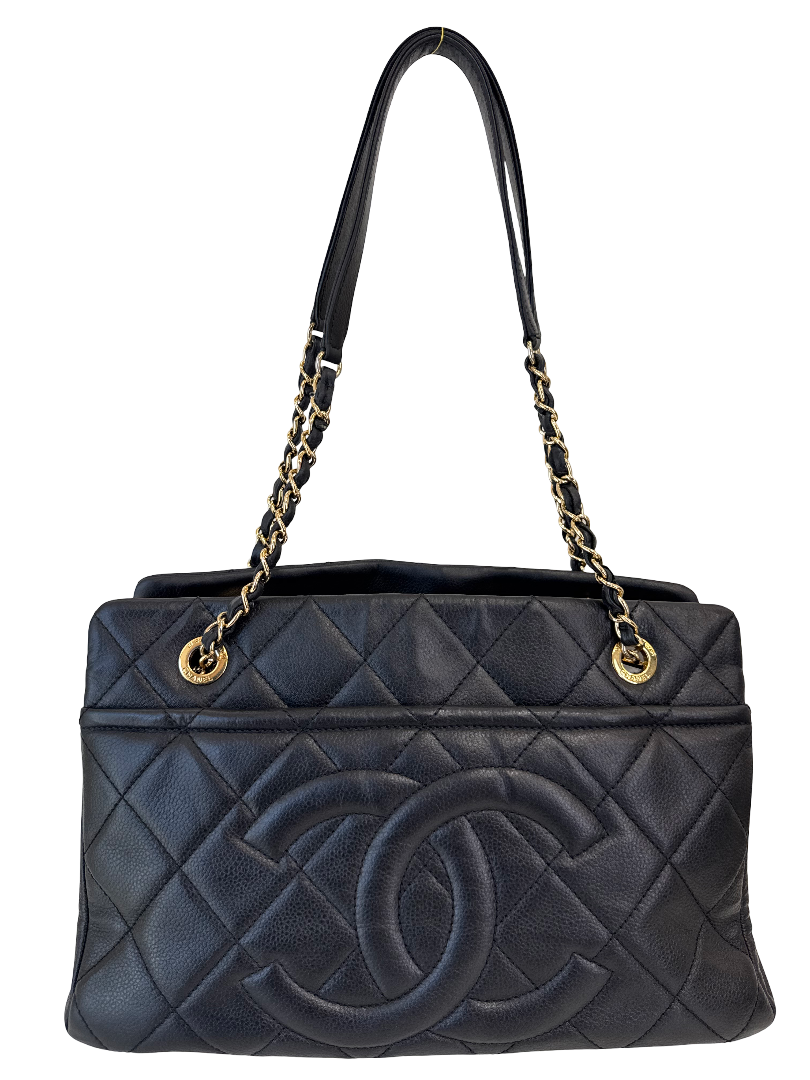Chanel CC Timeless Black Quilted Caviar Leather Shopping Tote Bag
