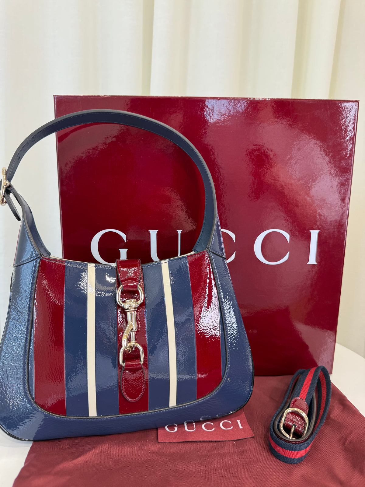 Gucci Small Jackie 1961 Red/Blue Glossy Striped Leather Hobo Bag