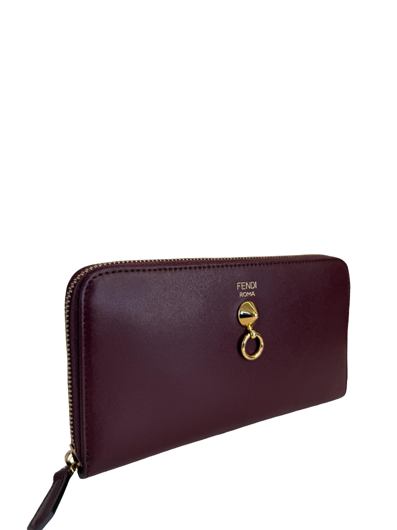 Fendi Burgundy Leather Dotcom Zip Around Wallet