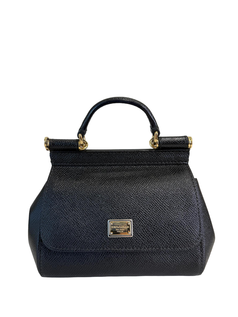 Dolce Gabbana Black Dauphine Leather Mini Miss Sicily Top Handle Bag