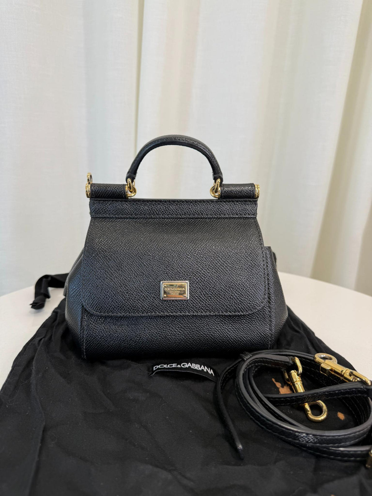 Dolce Gabbana Black Dauphine Leather Mini Miss Sicily Top Handle Bag