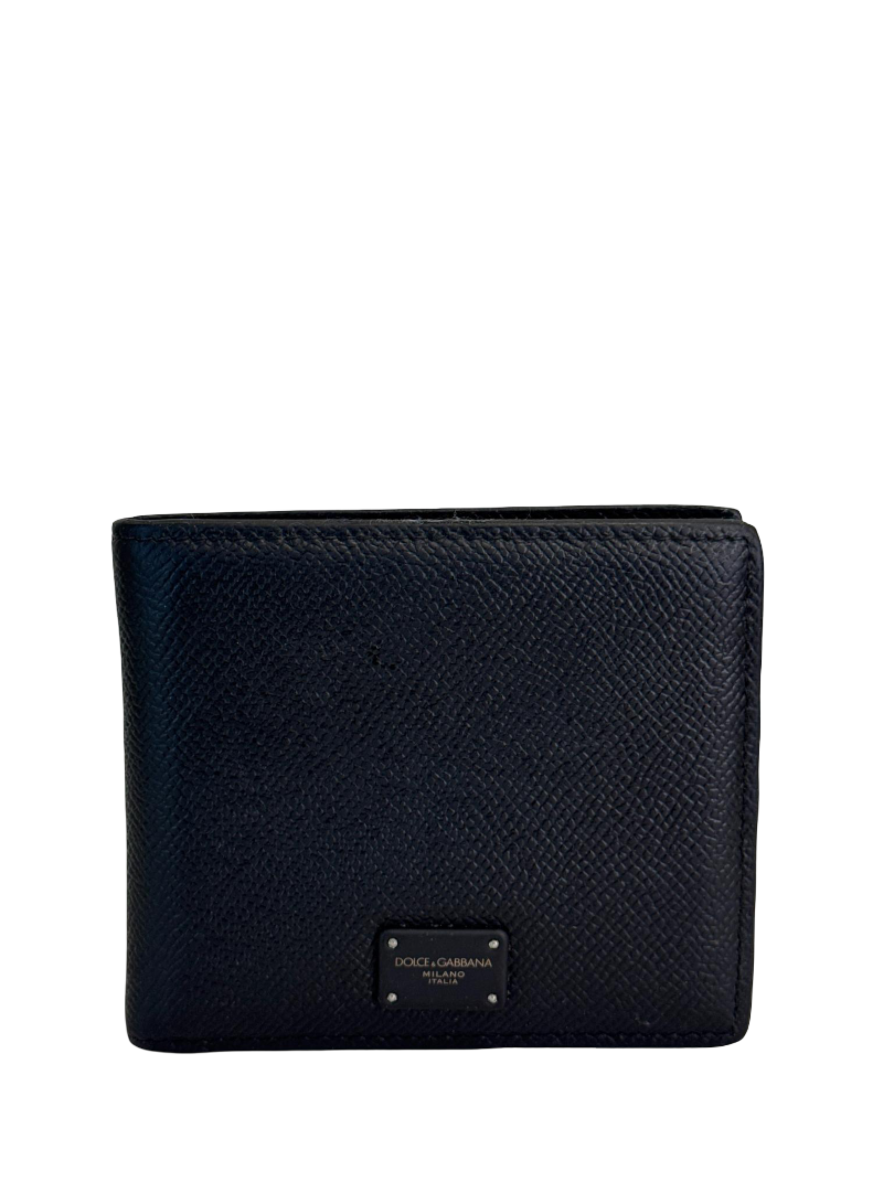 Dolce Gabbana Black Leather Logo Plaque Bifold Wallet