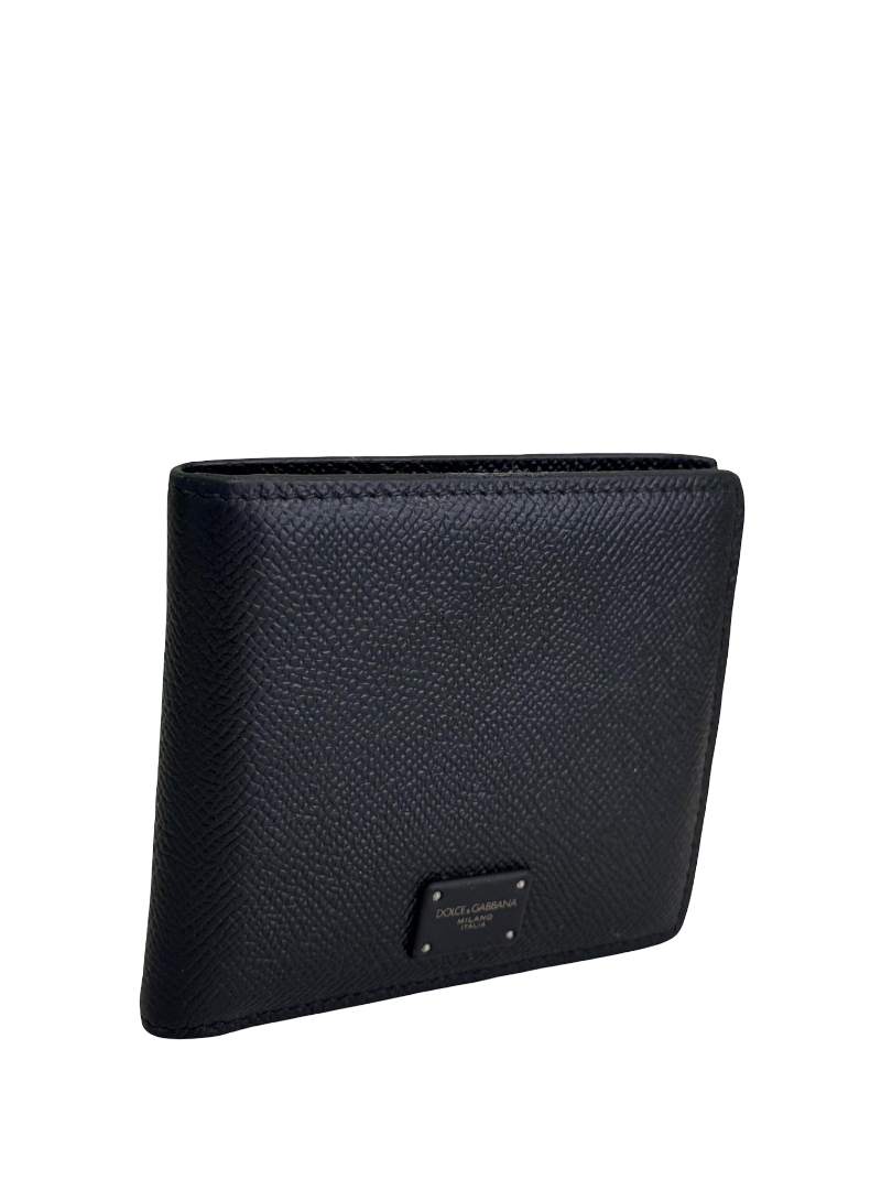Dolce Gabbana Black Leather Logo Plaque Bifold Wallet