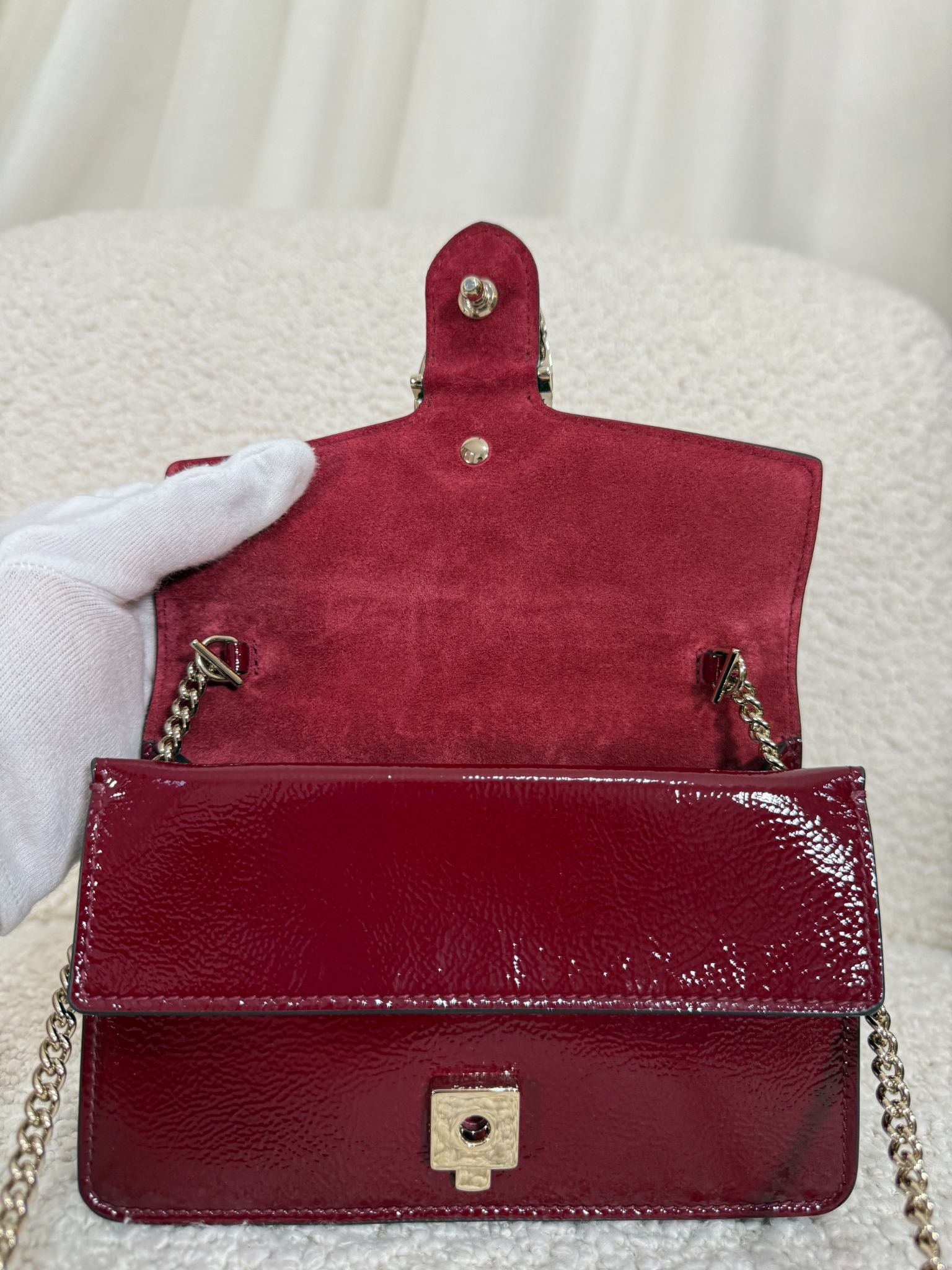 Gucci Mini Dionysus Rosso Ancora Crinkled Patent Leather Bag