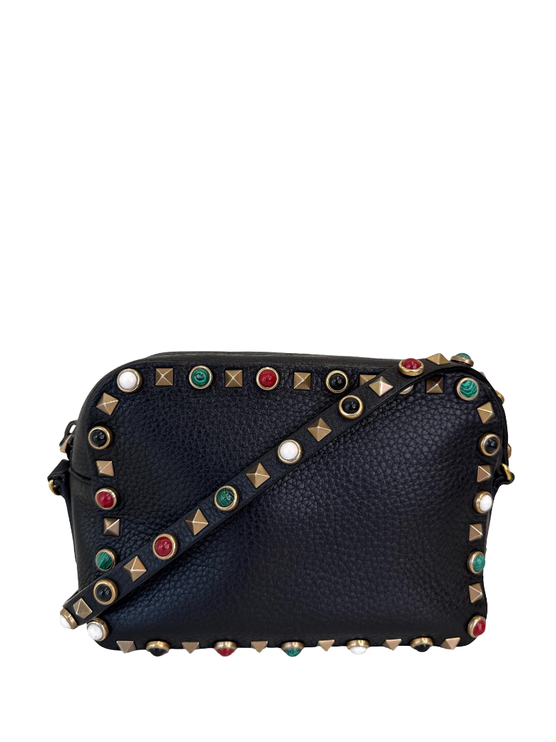 Valentino Garavani Black Pebbled Calfskin Rolling Rockstud Camera Bag