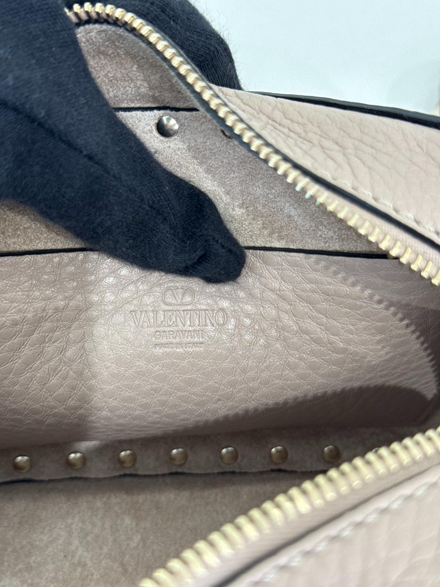 Valentino Garavani Beige Pebbled Calfskin Rockstud Camera Bag