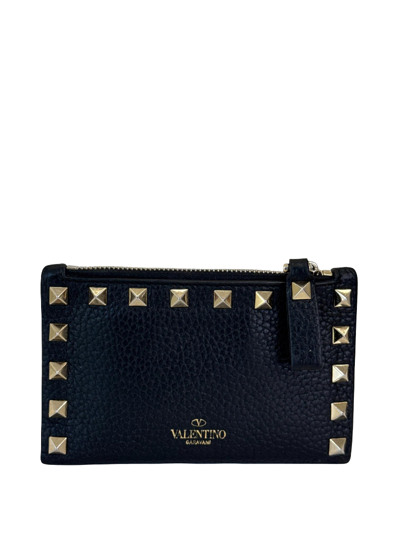 Valentino Garavani Black Pebbled Calfskin Rockstud Wallet