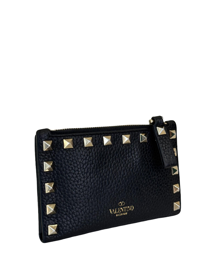 Valentino Garavani Black Pebbled Calfskin Rockstud Wallet