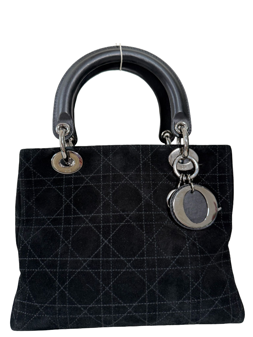 Christian Dior Medium Lady Dior Black Suede Leather Top Handle