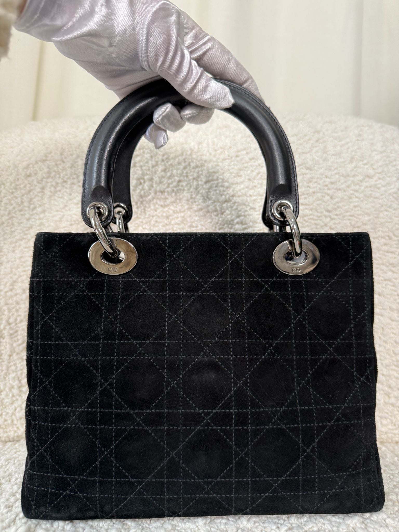 Christian Dior Medium Lady Dior Black Suede Leather Top Handle