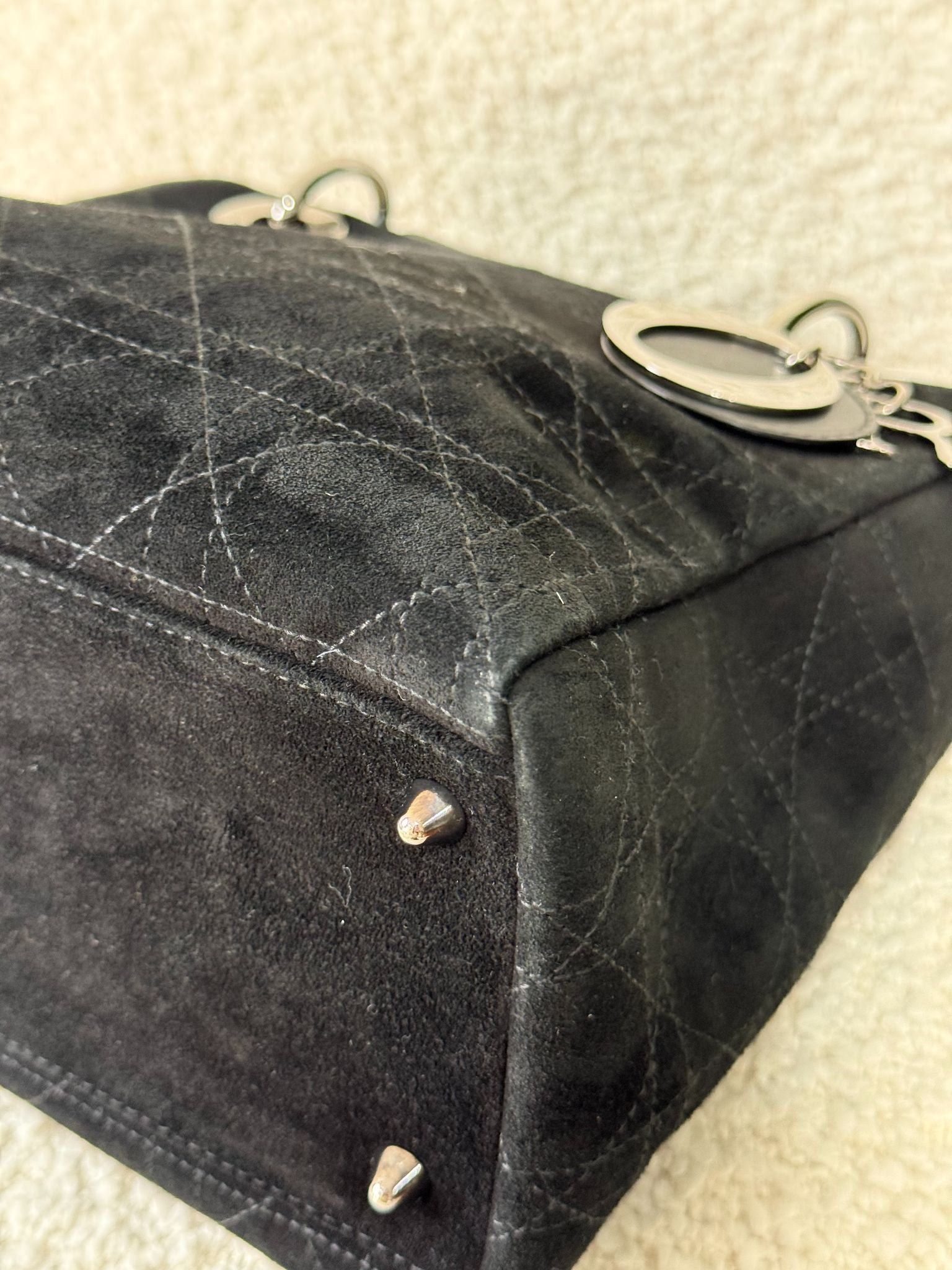 Christian Dior Medium Lady Dior Black Suede Leather Top Handle