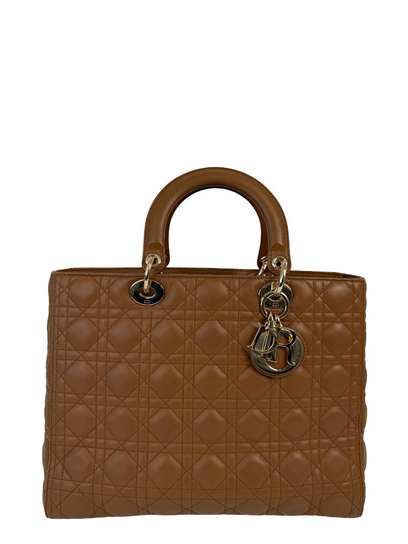 Christian Dior Large Tan Lady Dior Lambskin Cannage