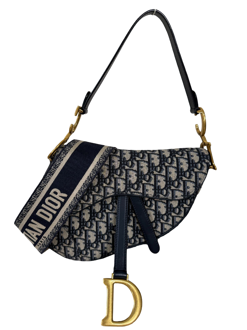 Christian Dior Saddle Bag Blue Dior Oblique Embroidery with Strap