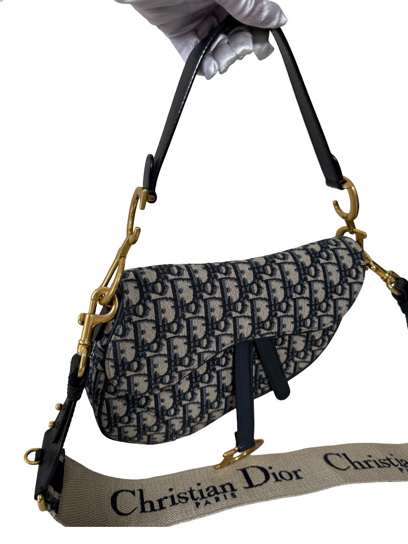 Christian Dior Saddle Bag Blue Dior Oblique Embroidery with Strap