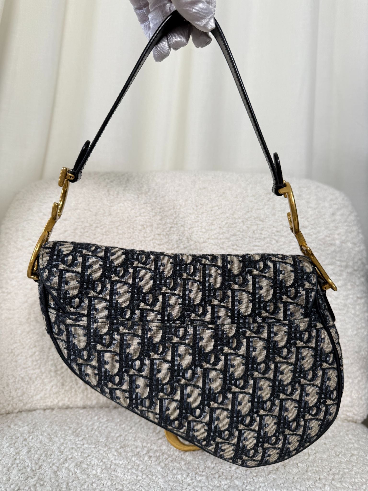 Christian Dior Saddle Bag Blue Dior Oblique Embroidery with Strap