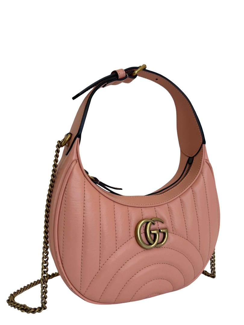 Gucci GG Marmont Mini Half Moon Hobo Bag Pink Calf Leather