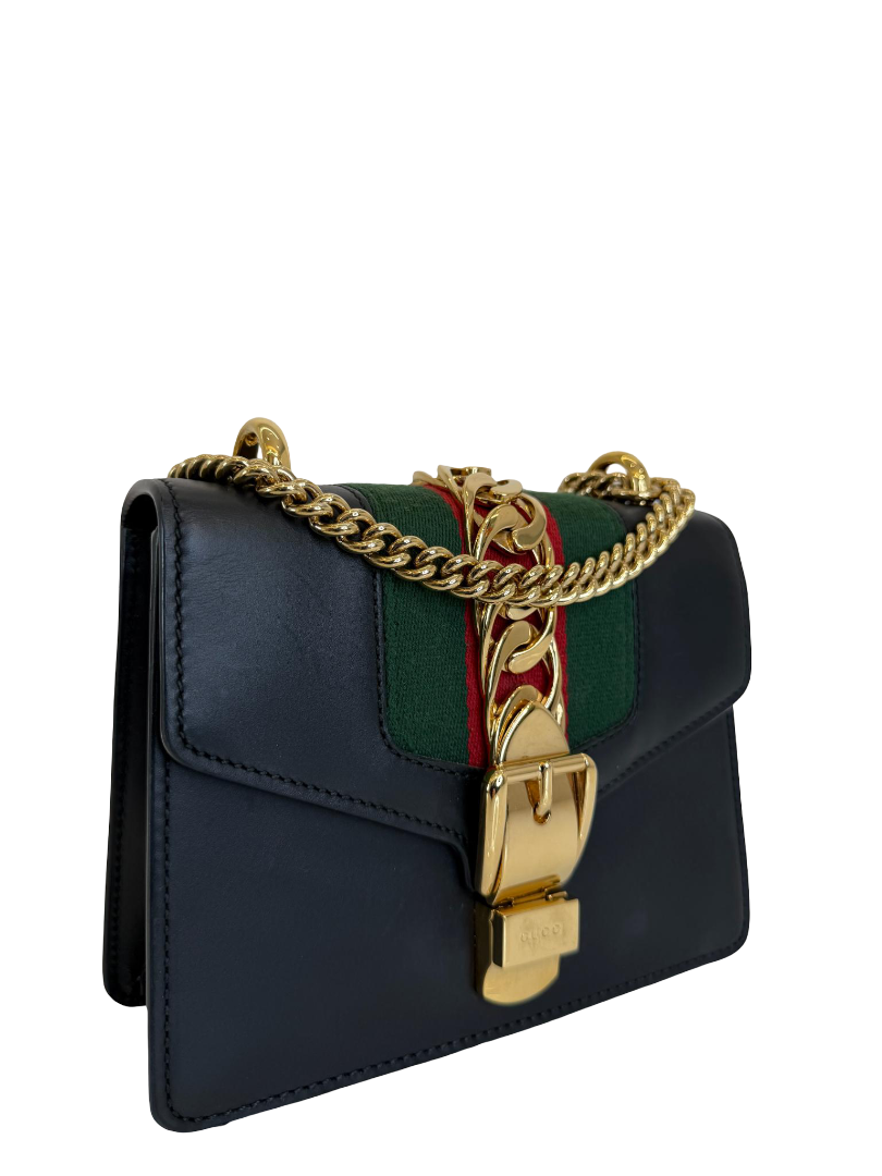 Gucci Sylvie Black Leather Web Signature Chain Crossbody Bag