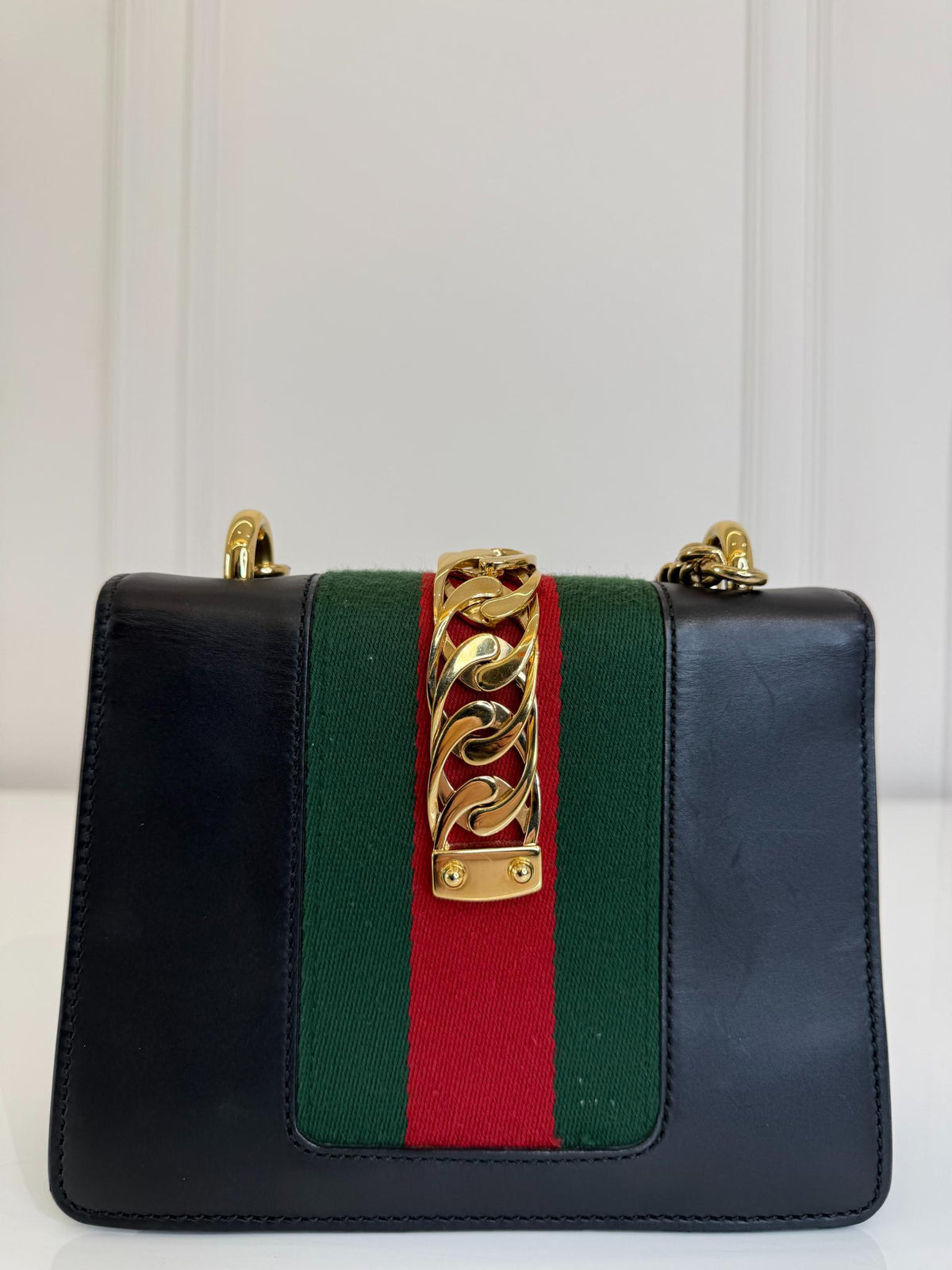 Gucci Sylvie Black Leather Web Signature Chain Crossbody Bag