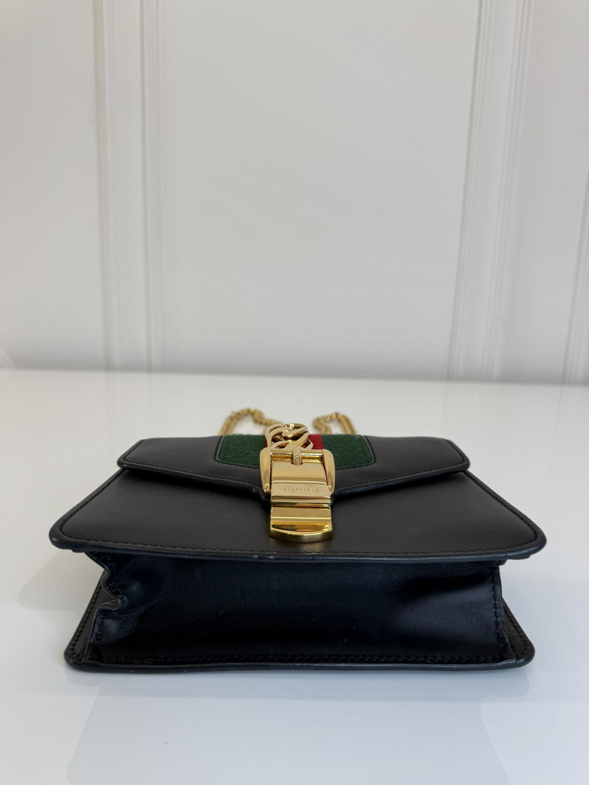 Gucci Sylvie Black Leather Web Signature Chain Crossbody Bag