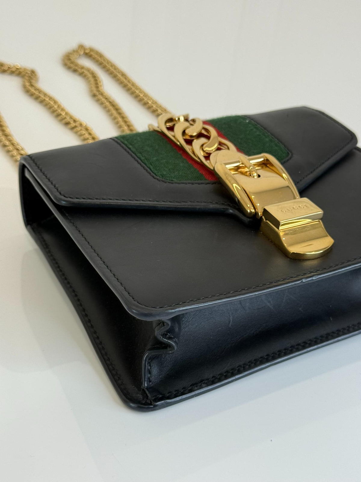 Gucci Sylvie Black Leather Web Signature Chain Crossbody Bag