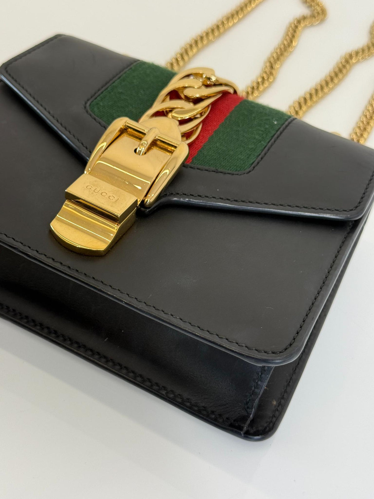 Gucci Sylvie Black Leather Web Signature Chain Crossbody Bag