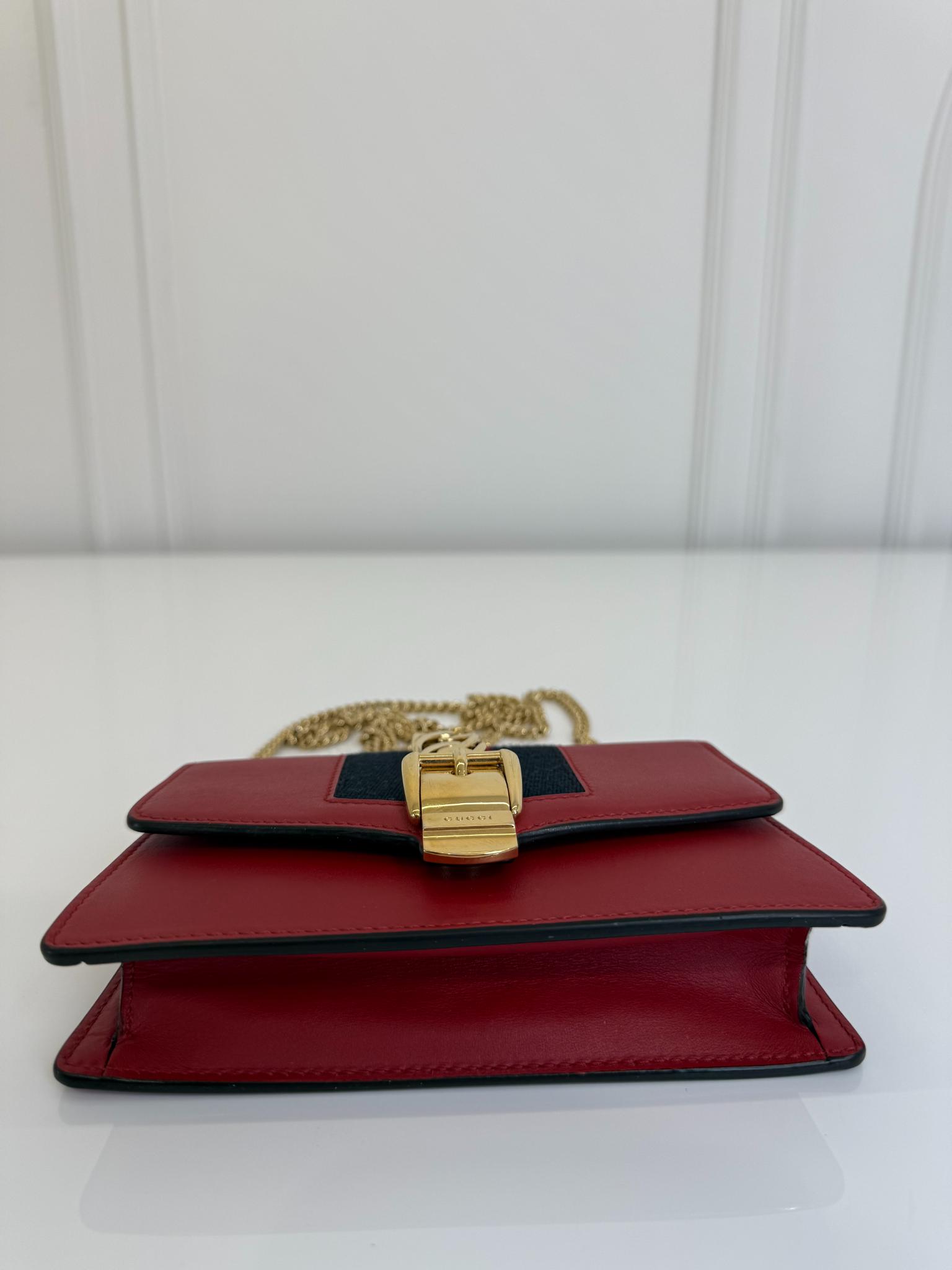 Gucci Mini Sylvie Red Leather Web Signature Chain Crossbody Bag