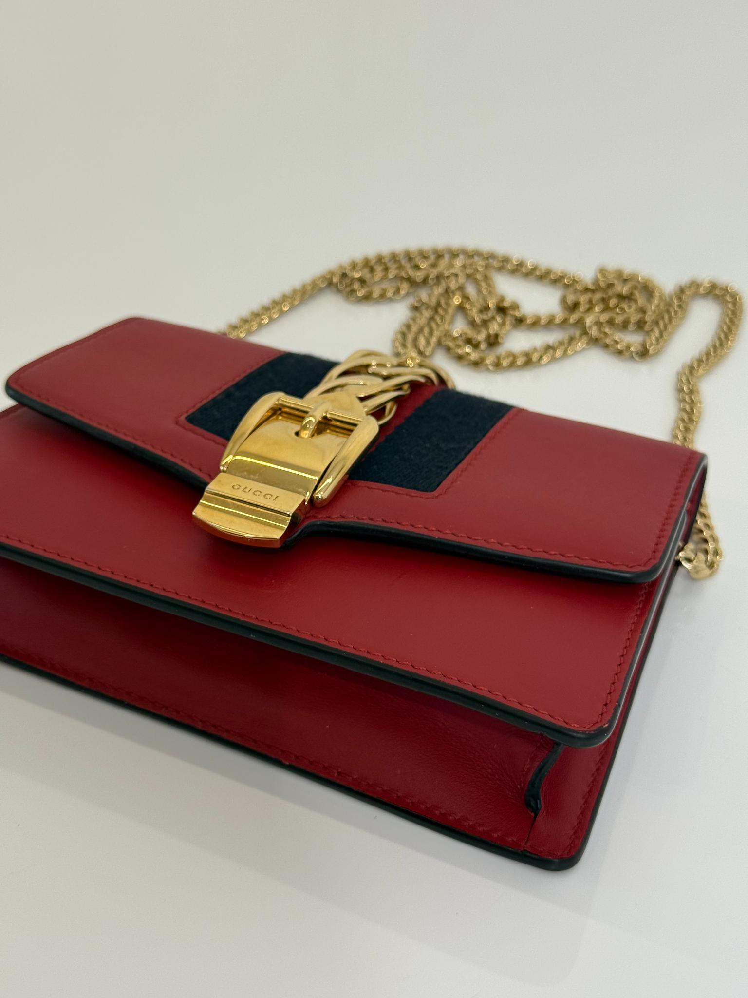 Gucci Mini Sylvie Red Leather Web Signature Chain Crossbody Bag