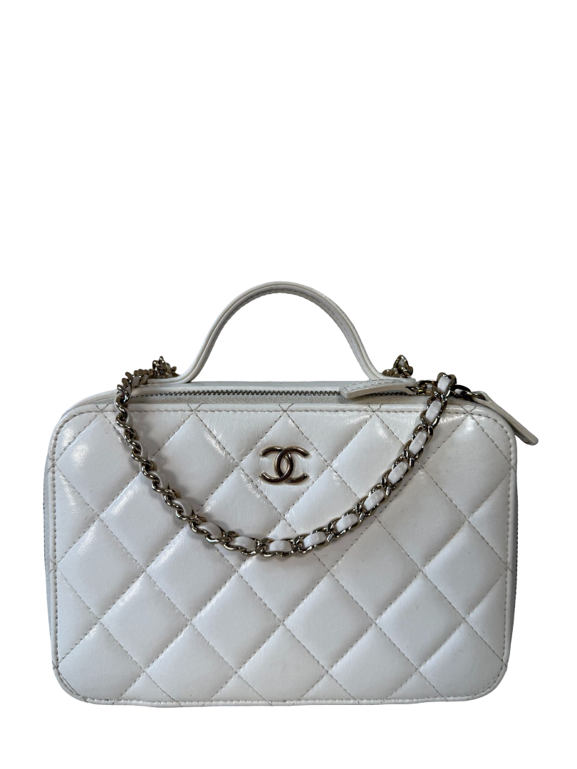 Chanel White Glazed Calfskin Double Zip CC Vanity Case