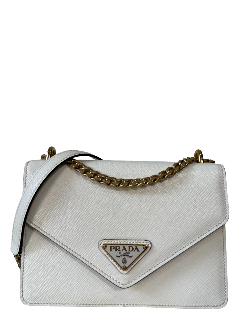 Prada White Saffiano Lux Leather Triangle Logo Envelope Chain Bag