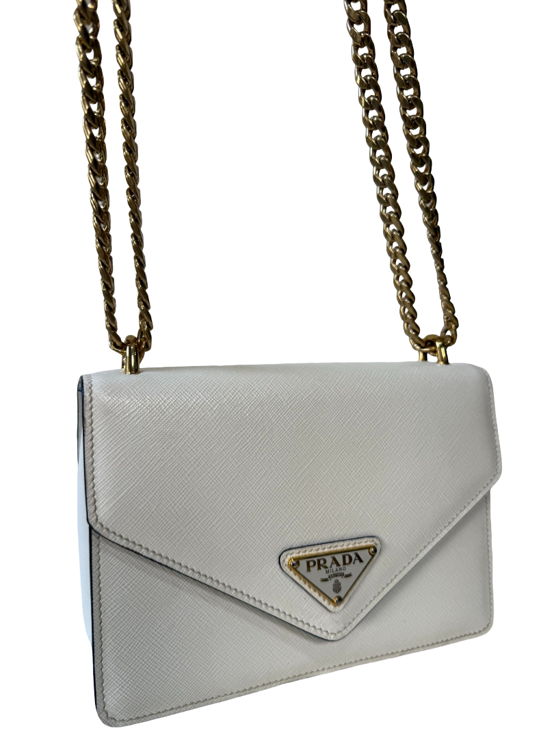 Prada White Saffiano Lux Leather Triangle Logo Envelope Chain Bag