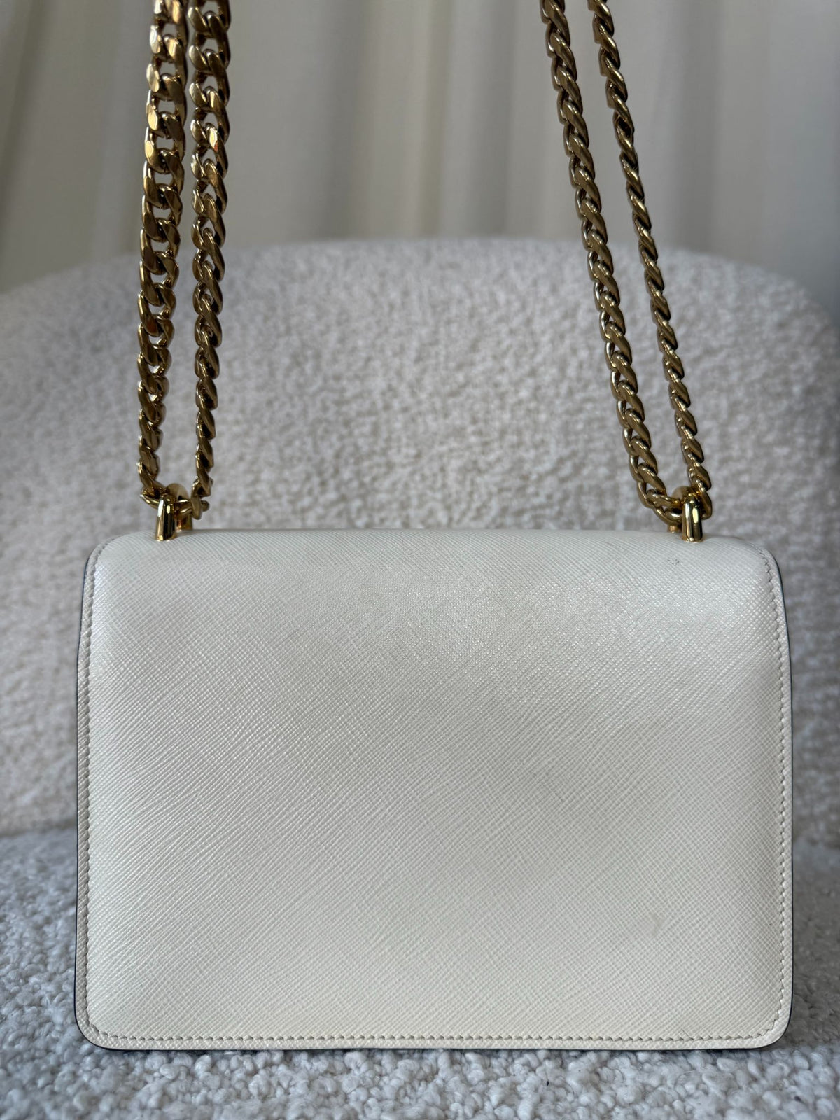 Prada White Saffiano Lux Leather Triangle Logo Envelope Chain Bag