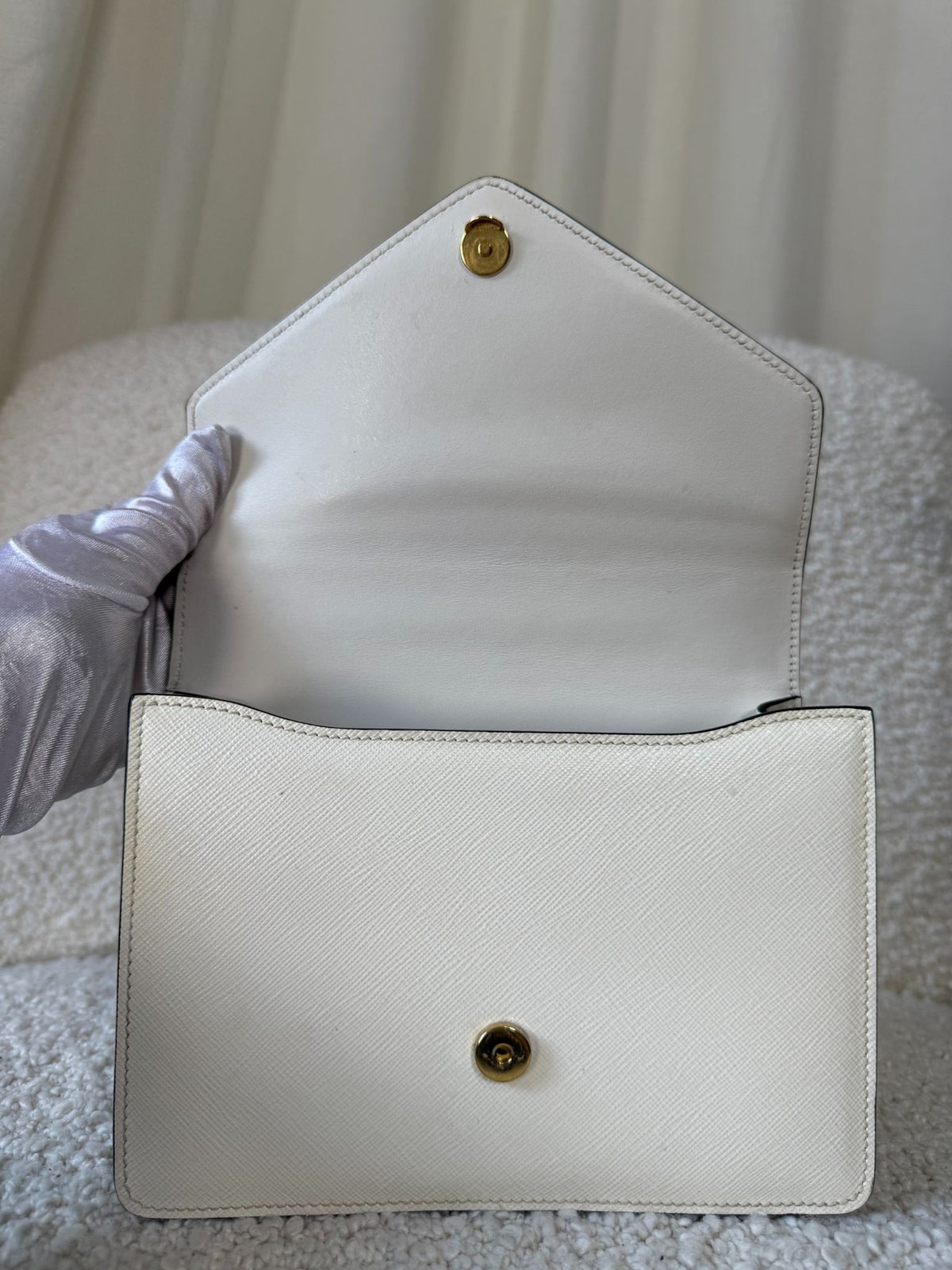 Prada White Saffiano Lux Leather Triangle Logo Envelope Chain Bag