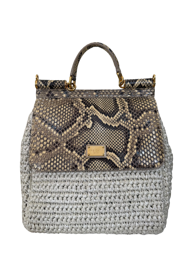 Dolce Gabbana Beige Python and Raffia Miss Sicily Top Handle Bag