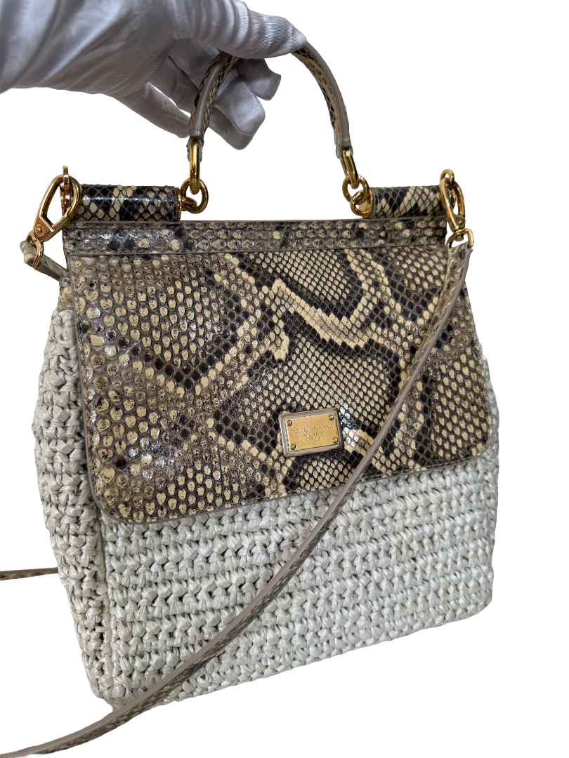 Dolce Gabbana Beige Python and Raffia Miss Sicily Top Handle Bag