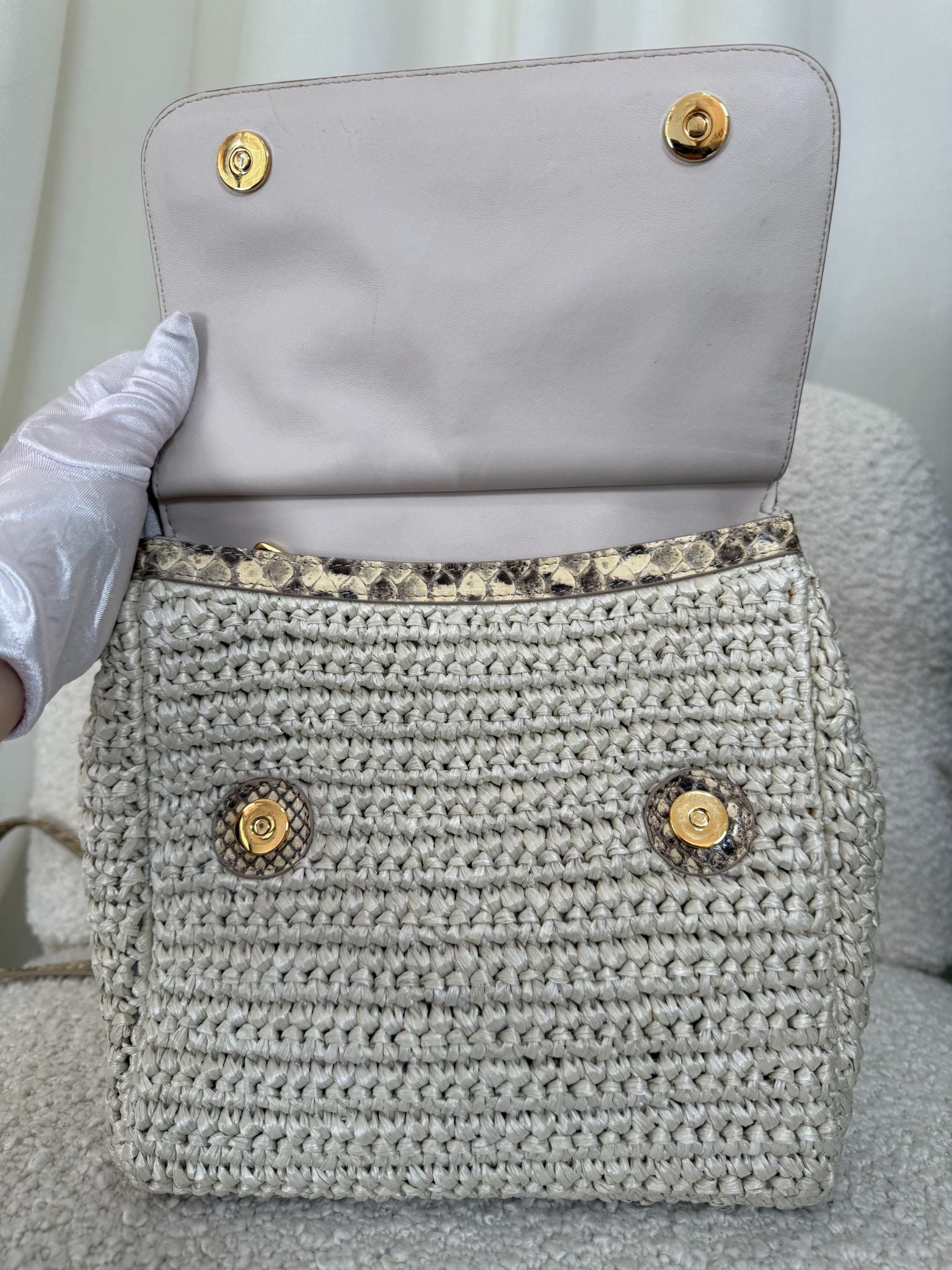 Dolce Gabbana Beige Python and Raffia Miss Sicily Top Handle Bag