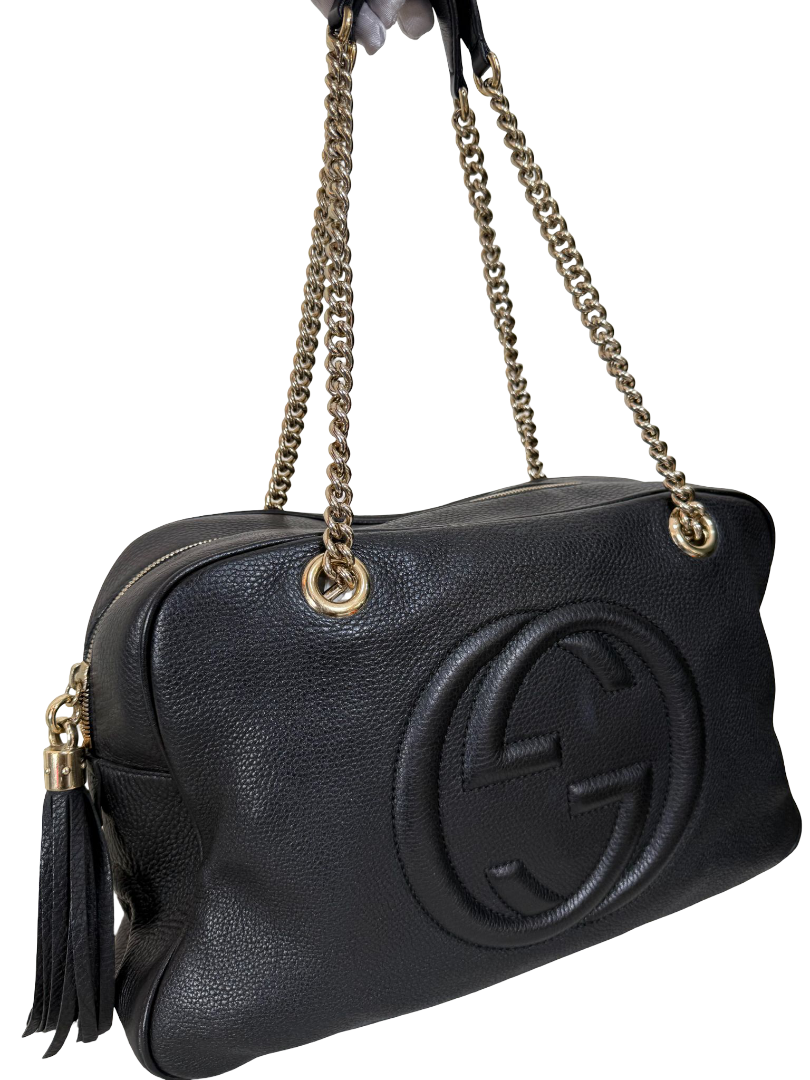 Gucci Black Pebbled Calfskin Medium Soho Chain Shoulder Bag
