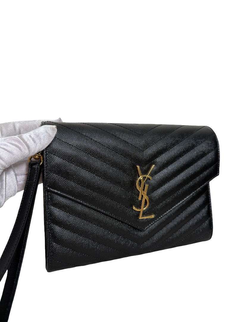 Saint Laurent Grain De Poudre Cassandre Envelope Black Wristlet Clutch