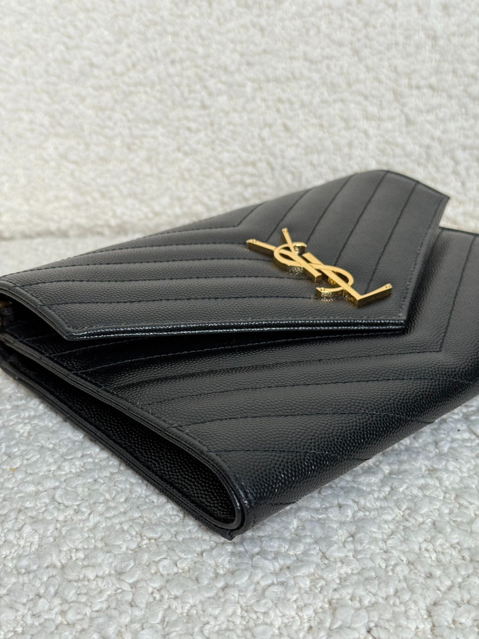 Saint Laurent Grain De Poudre Cassandre Envelope Black Wristlet Clutch