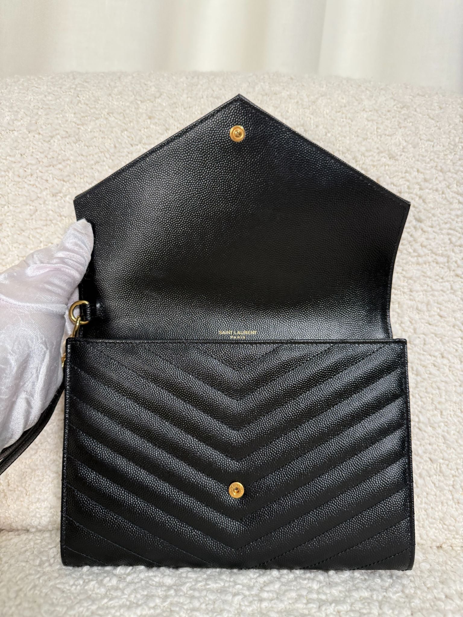 Saint Laurent Grain De Poudre Cassandre Envelope Black Wristlet Clutch