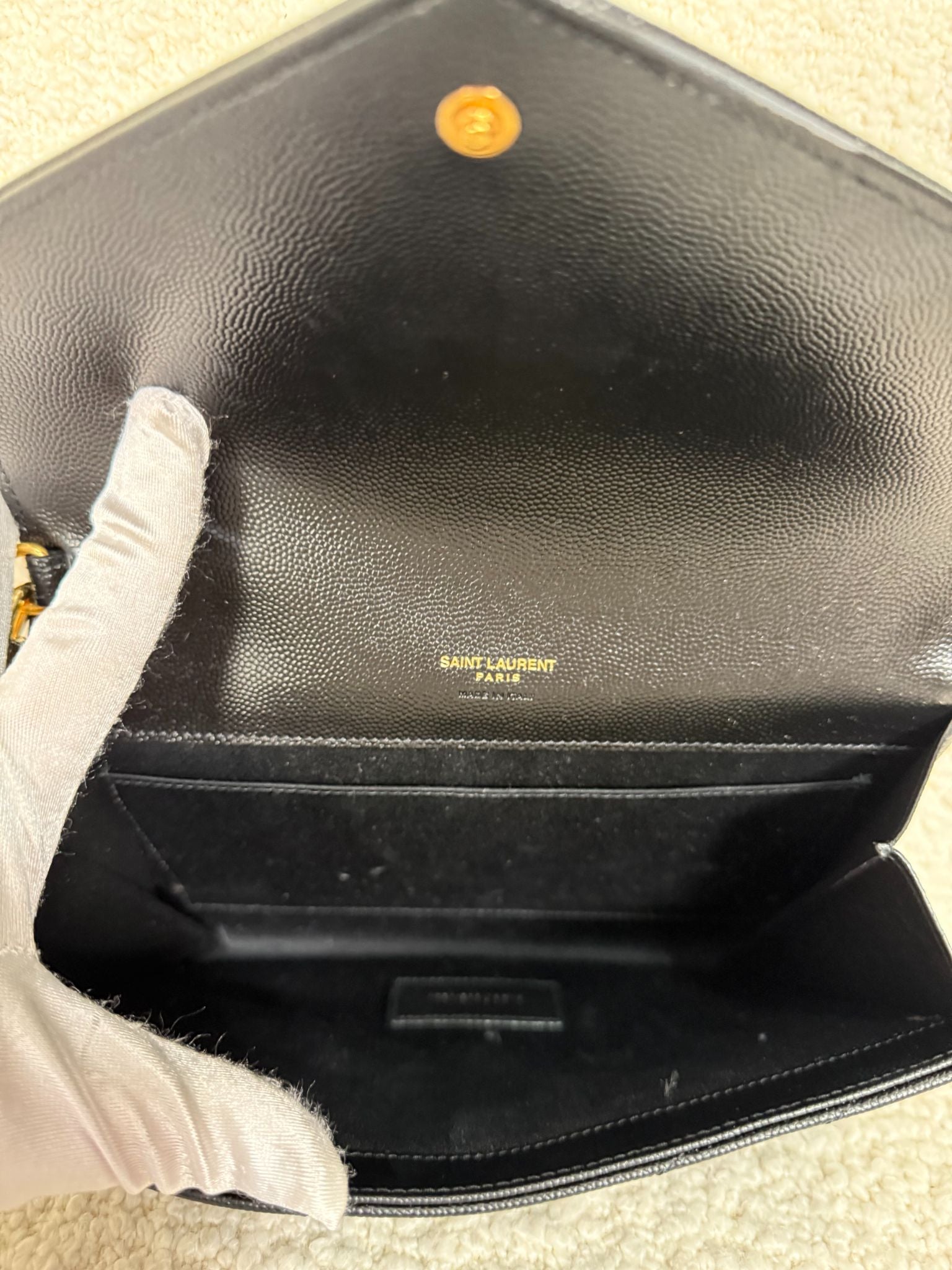 Saint Laurent Grain De Poudre Cassandre Envelope Black Wristlet Clutch