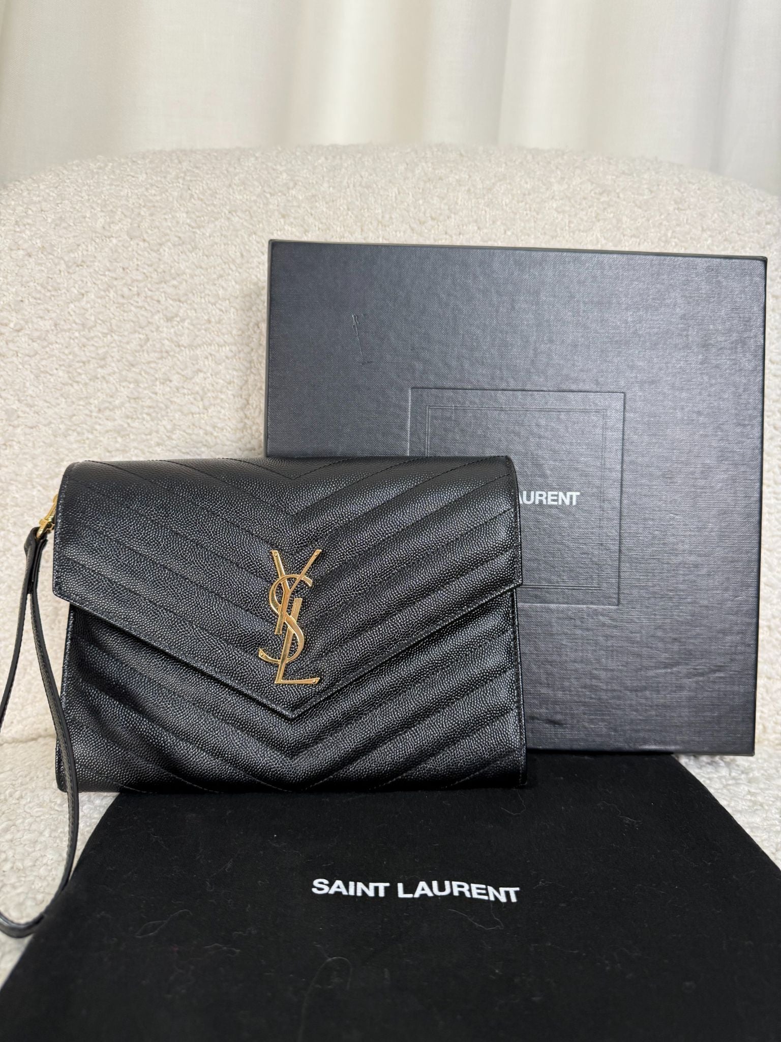 Saint Laurent Grain De Poudre Cassandre Envelope Black Wristlet Clutch