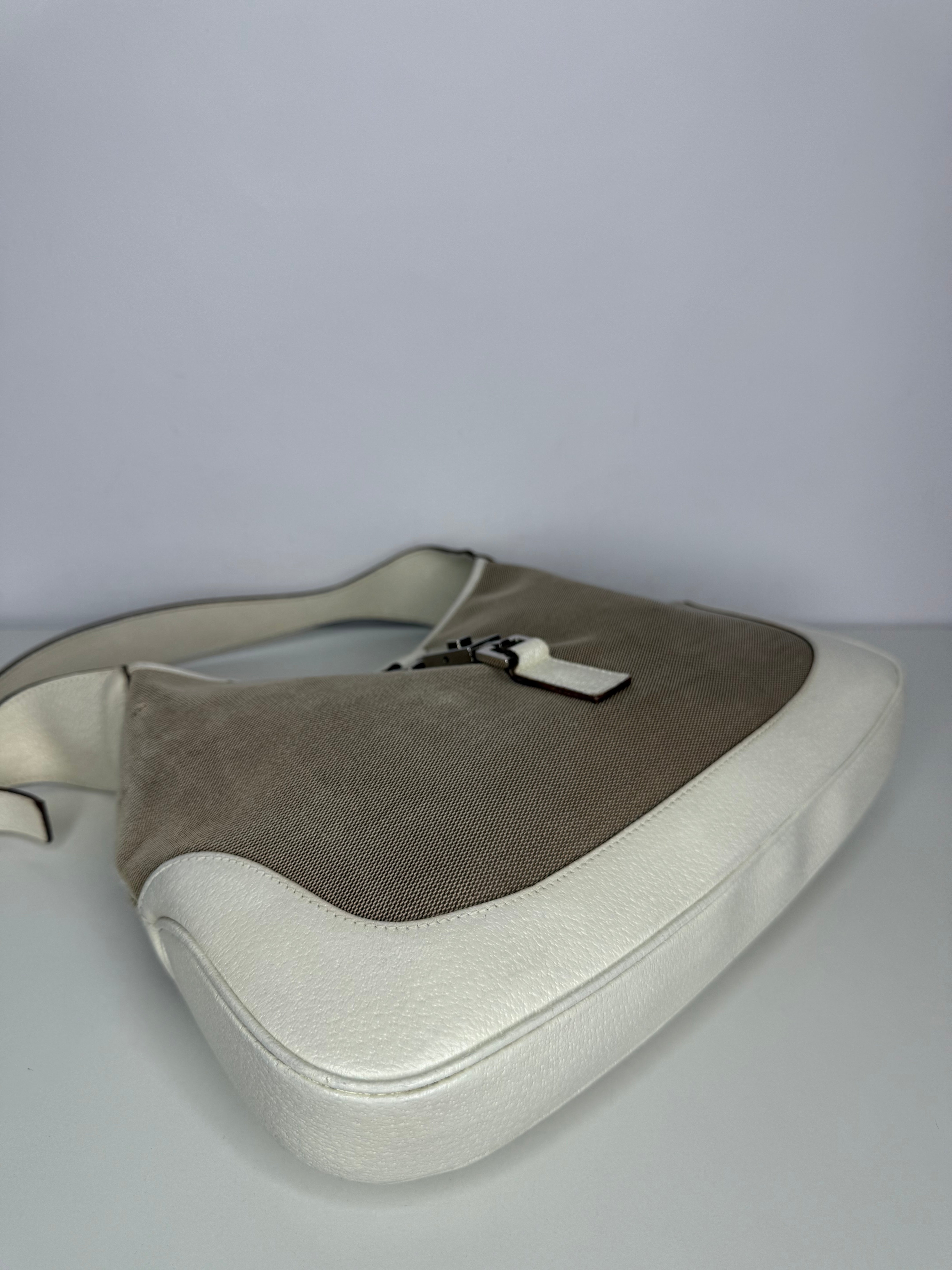 Gucci Vintage Jackie Beige Canvas White Leather Shoulder Bag