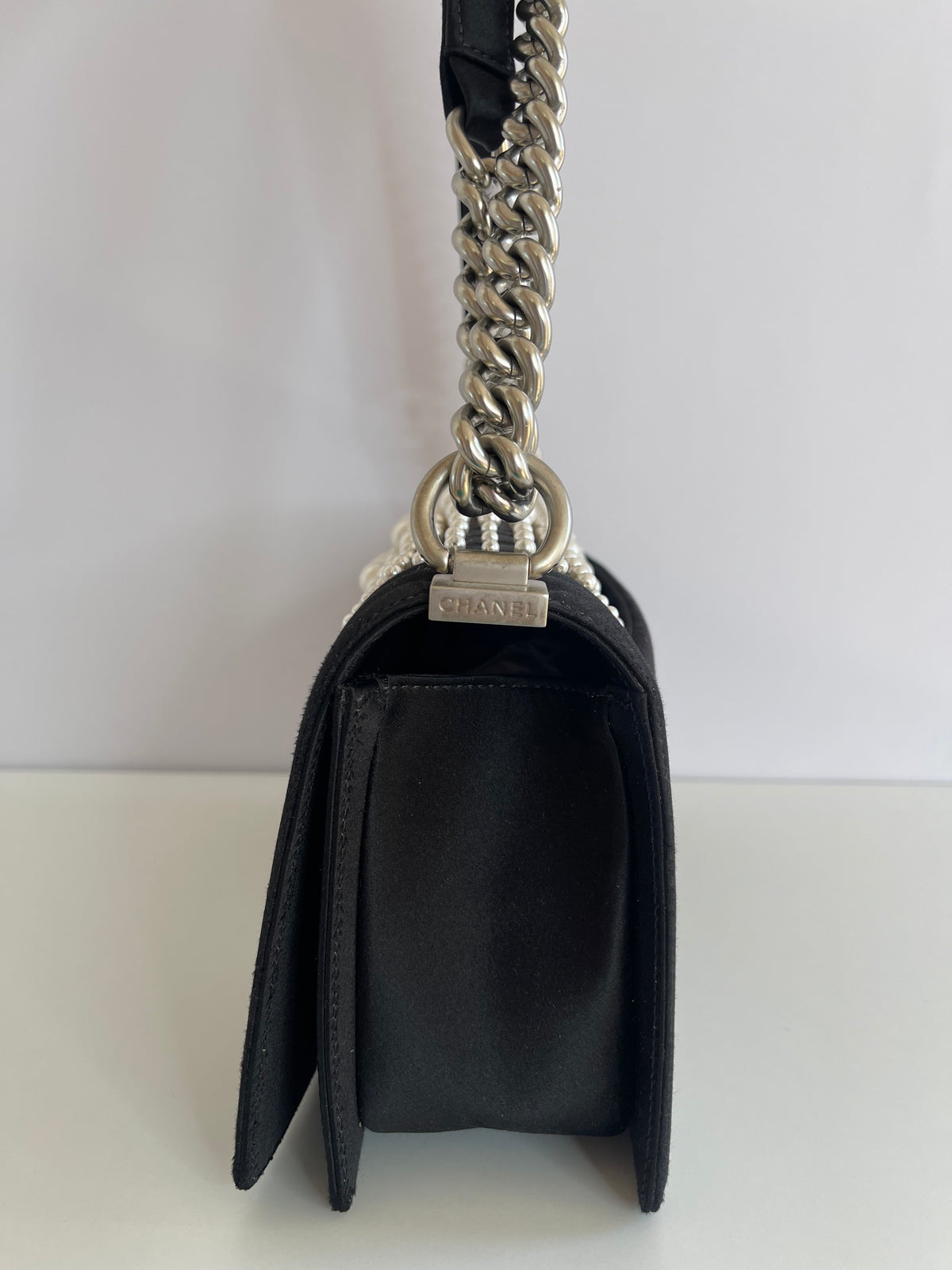 Chanel Black Resin Pearl and Satin Medium Boy Bag Matte Silver Hardware