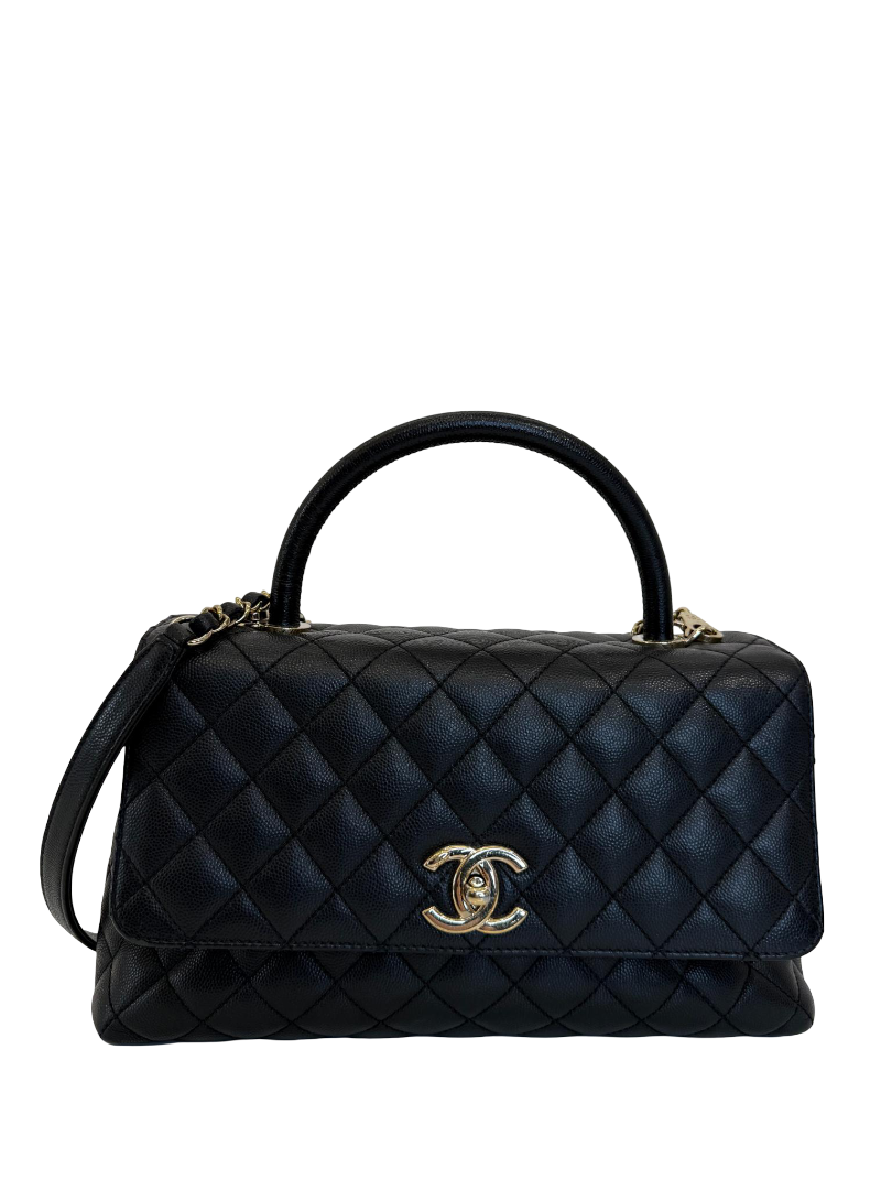 Chanel Black Caviar Quilted Coco Handle Medium Gold Hardware