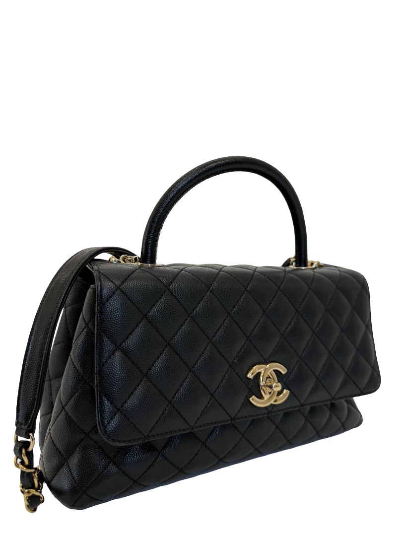 Chanel Black Caviar Quilted Coco Handle Medium Gold Hardware