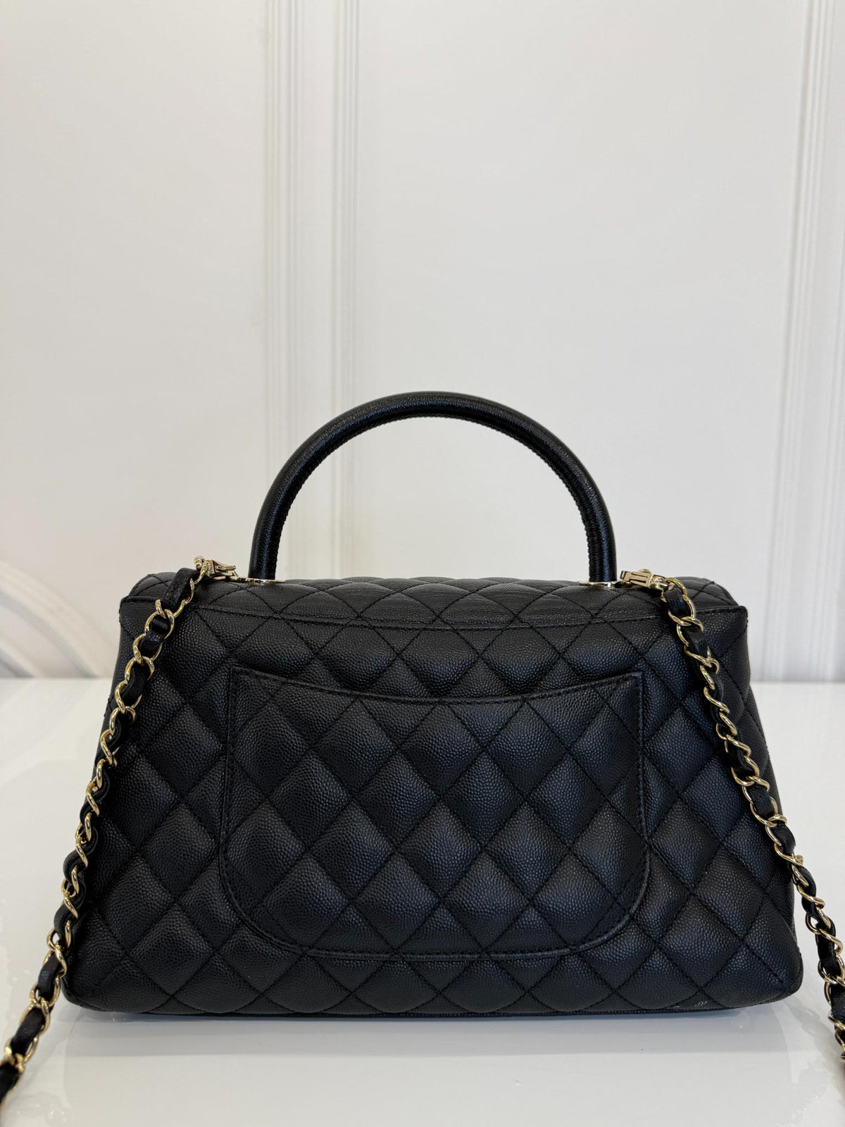 Chanel Black Caviar Quilted Coco Handle Medium Gold Hardware